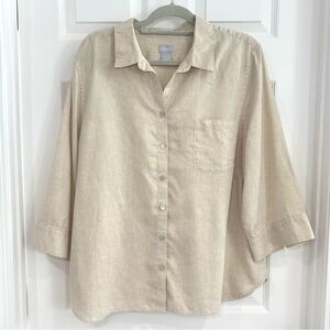 Chico's Linen Tan w/ Gold Thread Button-Up Blouse 4-US 20/22 No Iron Fresh Chic
